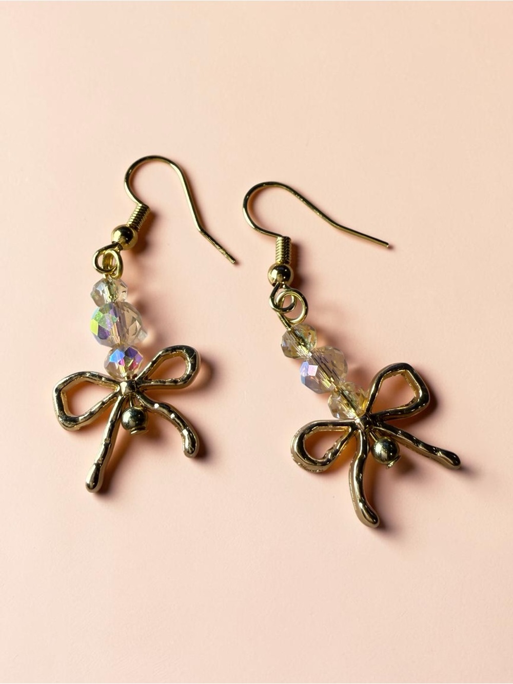 Handmade Gold Bow Ribbon Dangle Earrings Iridescent Crystal Bead Drop Jewelry